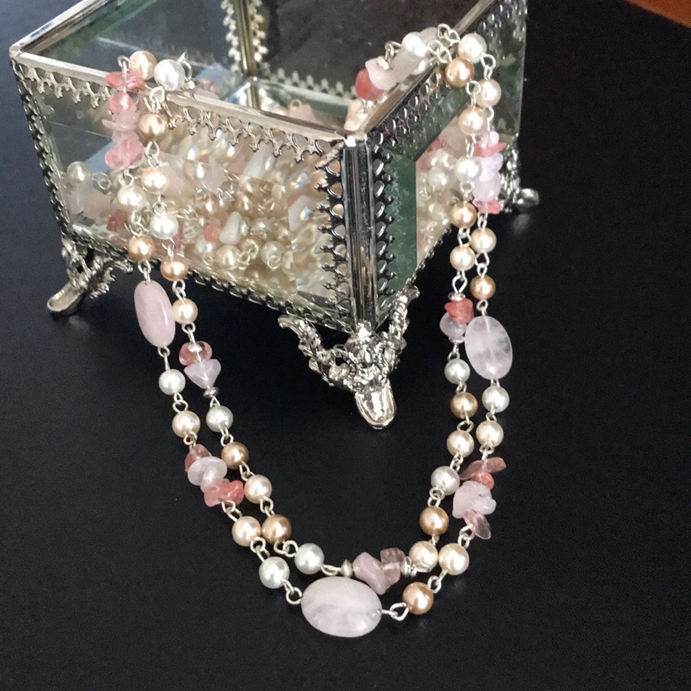 Double Strand Faux Pearl and Stone Necklace